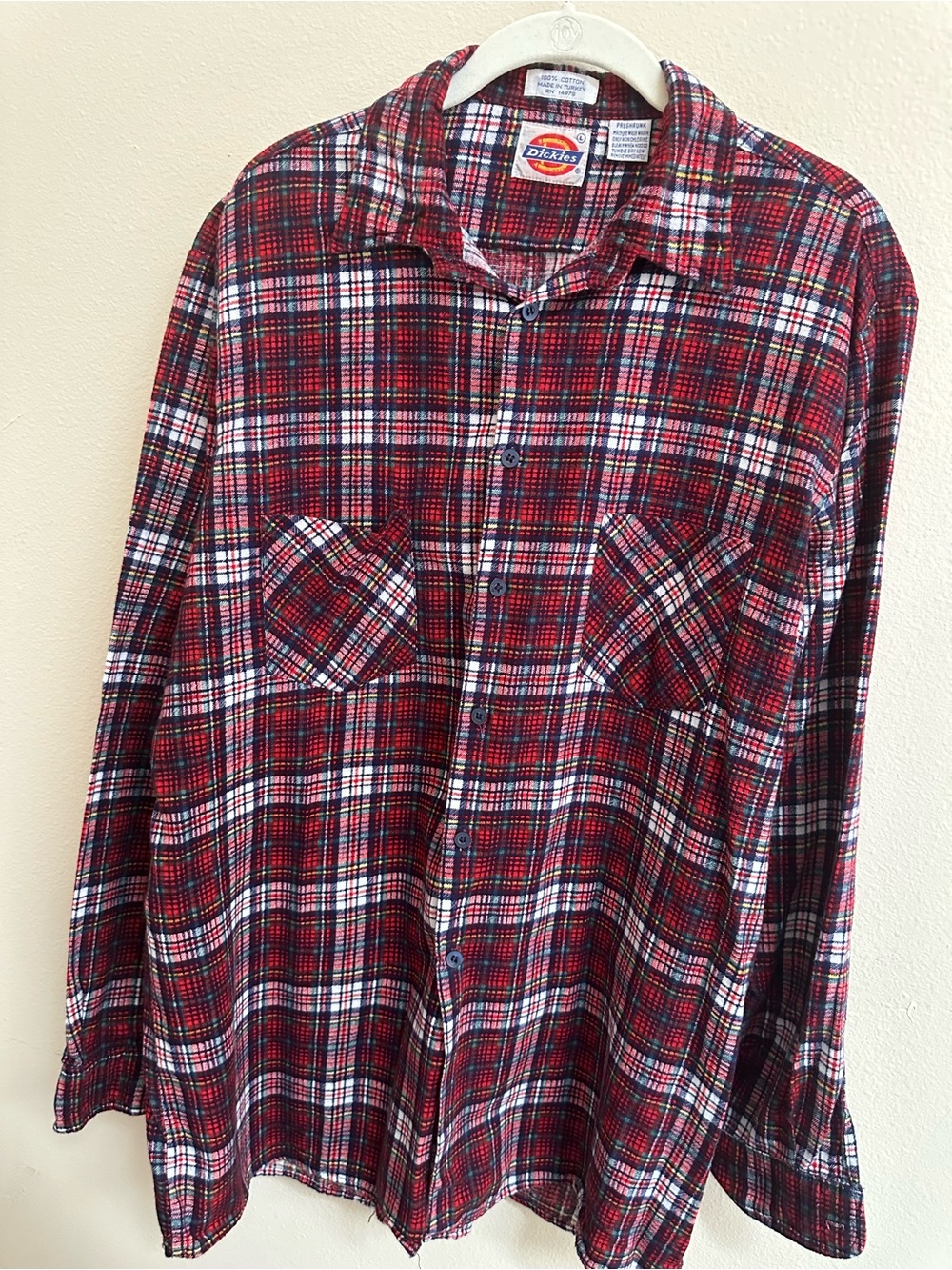 Vintage Dickies Flannel Shirt Mens L Red Plaid 100% Cotton Turkey